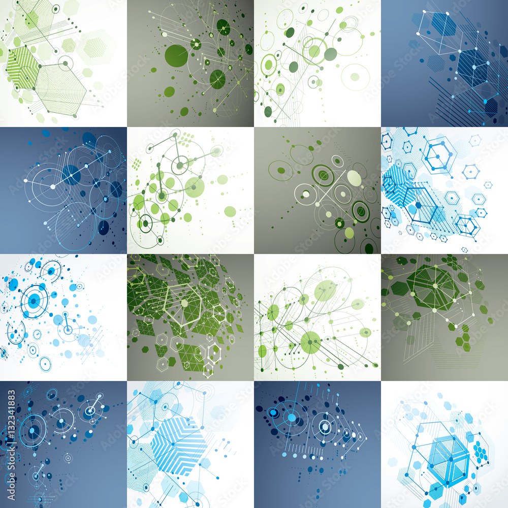 Poster set vector bauhaus backgrounds made with grid and overlapping ge