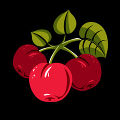 Red simple vector cherries with green leaves, ripe sweet berries