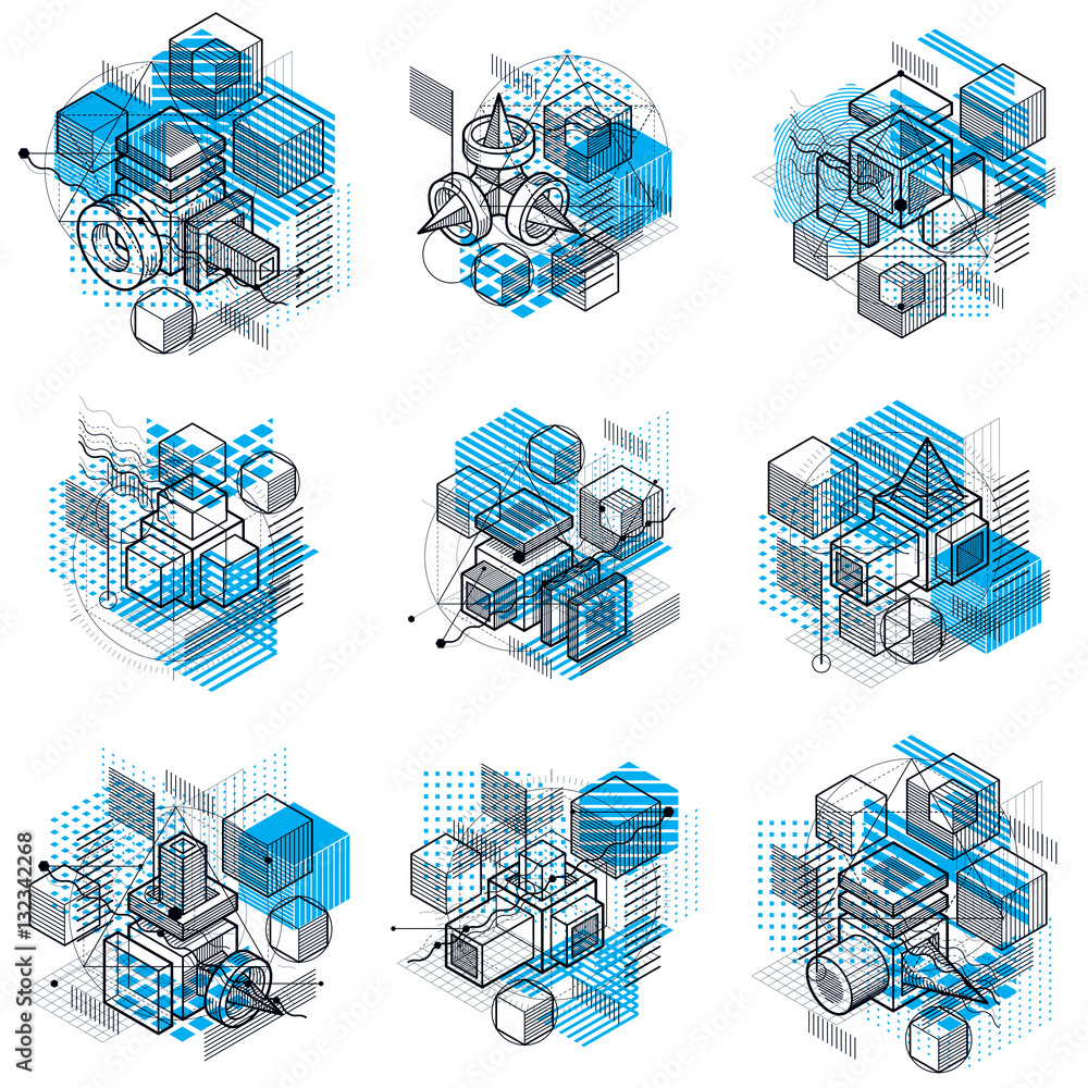 Poster vector backgrounds with abstract isometric lines and figures. te