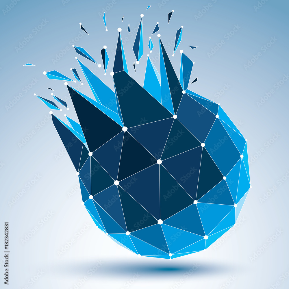 Poster 3d vector low poly object with blue connected lines and dots, ge