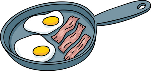 Cartoon eggs and bacon frying up in an iron frying pan.