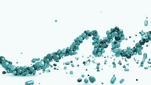 3d motion graphics, isolated wave made of geometric objects - cubes, cones, spheres and other