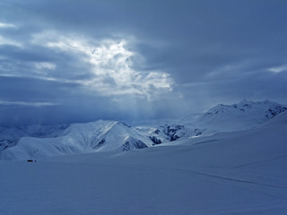 Obraz premium Winter in Greater Caucasus Mountains. Georgia (country). Gudauri ski resort.