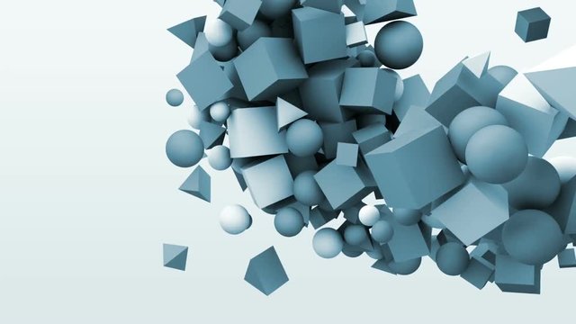 3d motion graphics, dynamic geometric shape cubes, cones, spheres and other. Abstract background
