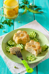 Dinner or lunch for children - roasted meat or fish souffle, ste