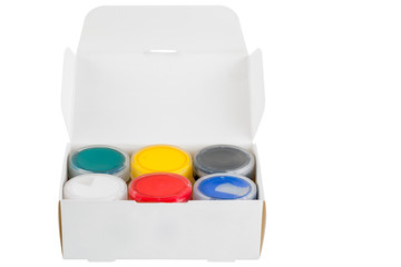 box with 6 colors of gouache colors on a white background isolat