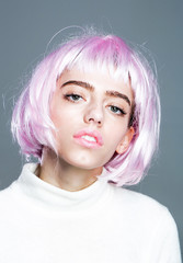 pretty girl in pink hair wig