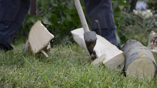 Detail of lumber jack chopping firewood with an axe for winter time. Close up of woodcutter splits wood, rural scene. Preparation logs for cold wintertime in high definition FULL HD (1920x1080p)