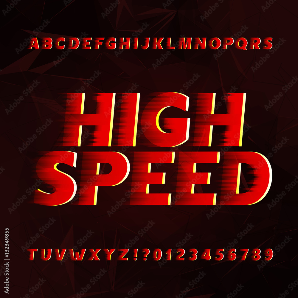 Fototapete speed alphabet vector font. wind effect type letters and numbers on a abstract background. vector ty