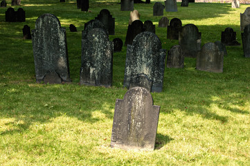 Jewish cemetery with many old obelisks in grass