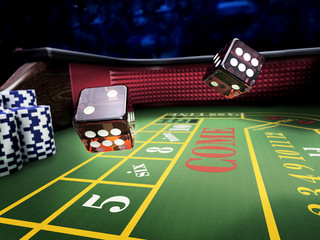 dices throw on craps table at casino - 132350299