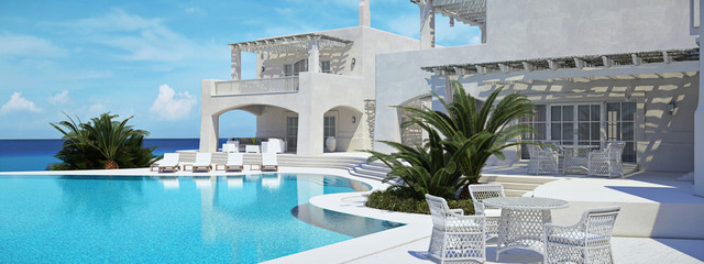 Villa with swimming pool. summer concept. 3d rendering - obrazy, fototapety, plakaty