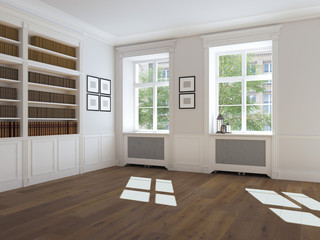 empty bright room with windows and parquet. 3d rendering