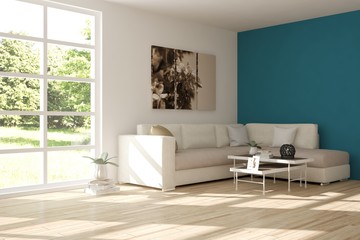 Modern interior design with sofa and green landscape in window