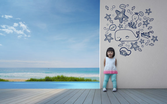 Funny asian child playing in beach house - 3d rendering