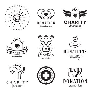 Donations And Charity Logo Vintage Hipster Vector Set.