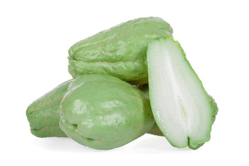 Chayotes isolated on white background, with one Chayote cut in half showing the pulp or flesh