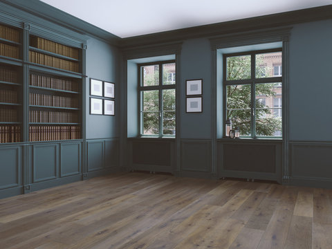 empty room with windows and parquet. 3d rendering