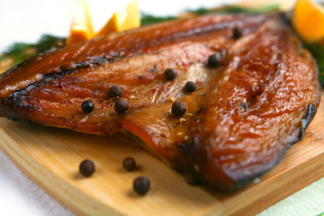 Fish, salmon, halibut and lemon closeup