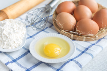 Eggs and flour ingredients like baking, culinary background