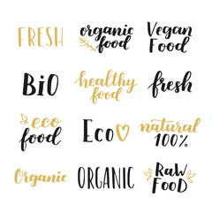 Labels with vegetarian and raw food diet designs. Organic food tags and elements set for meal and drink, cafe, restaurants and organic products packaging. Vector illustrated bio detox logo.