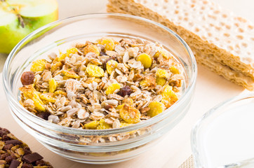 View close-up on muesli in glass bowl