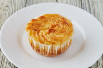 A delicious cheese cake on the plate on a wooden background