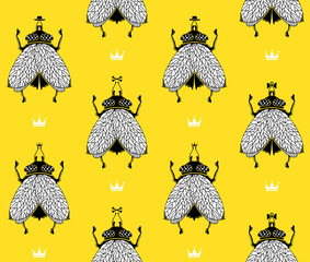 Flies with crowns on yellow background. Vector pattern illustration.