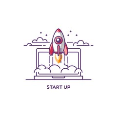 Start Up. Rocket ship. Vector illustration concept of new business project start up development and launch a innovation product on a market.