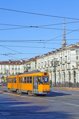 Plakat torino e tram in piazza vittorio veneto piemonte italia europa italy europe