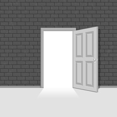 Open door in vintage brick wall.