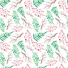 Fototapeta na wymiar Watercolor Green Leaves And Branches Seamless Pattern