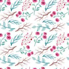Watercolor Pink Flowers, Blue Leaves And Branches Seamless Pattern