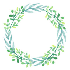 Wreath With Watercolor Green and Blue Leaves