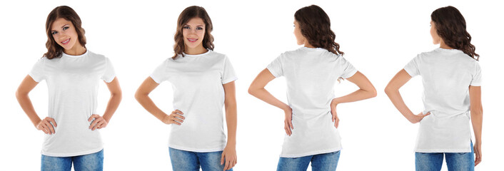 Different views of young woman wearing t-shirt on white background