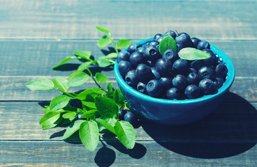 Berries of ripe juicy bilberry in a blue small plate on a wooden table.