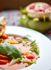 close up of gazpacho soup at restaurant
