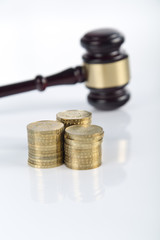 Lady of justice, Wooden and gold gavel on white background isolated. too high gratification, symbol, corruption and bribe in goverment, actions for compensation, sue, lawsuit for damages, divorce