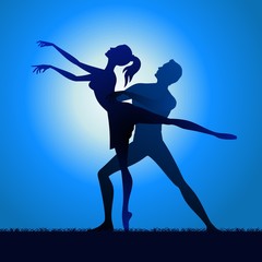 Fototapeta na wymiar Couple silhouette dancing on grass