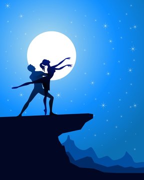 Couple silhouette dancing on the rock