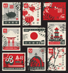 set of postage stamps on the theme of Japanese culture. Hieroglyph Japan Post, Sushi, Tea, Perfection, Happiness, Truth