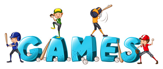Font design for word games with people playing baseball