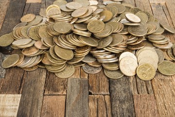 Russian copper coins set scattered on a wooden board