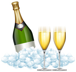 Two glasses of champagne and bottle in ice