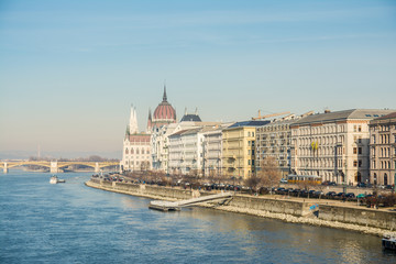 Fototapeta na wymiar Budapest famous parliament building at riverbank, hungary