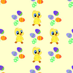 Seamless pattern with Easter eggs, chicks. Background