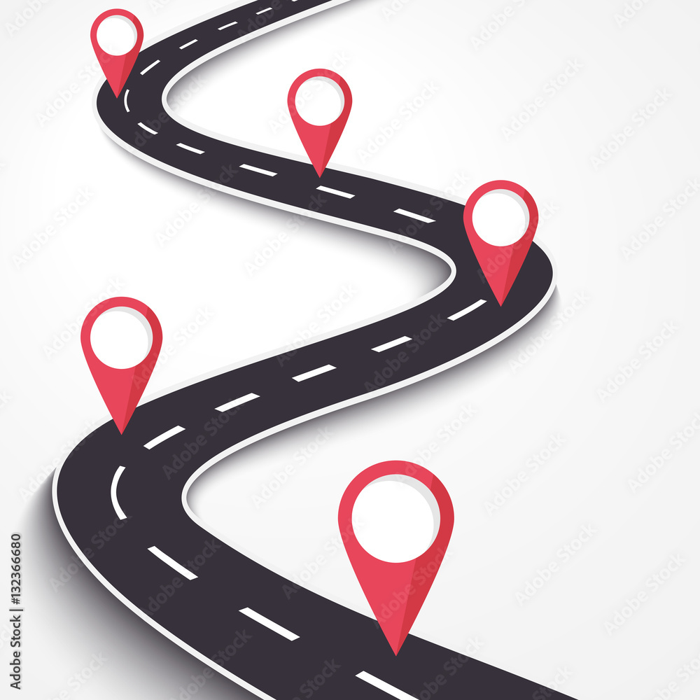 Poster winding road on a white isolated background. road way location infographic template with pin pointer