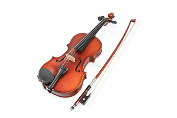 Plakat Classical brown violin and bow lying beside isolated on white background