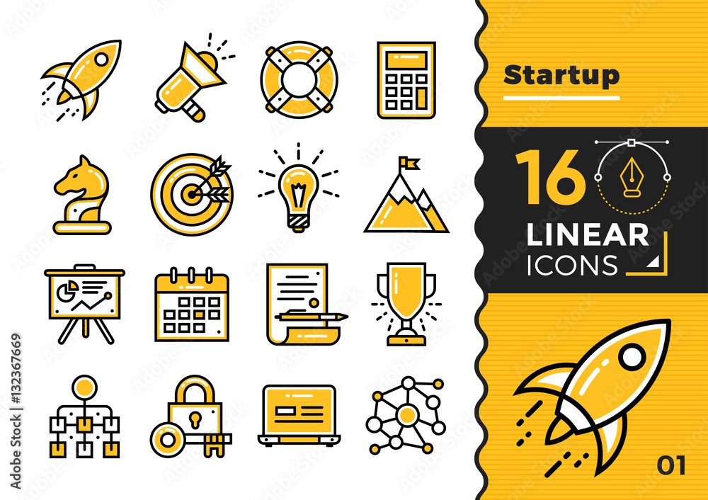 Poster vector collection of line icons for startup business. high quality modern pictograms for mobile conc