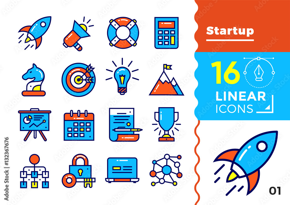 Poster vector collection of line icons for startup business. high quality modern pictograms for mobile conc